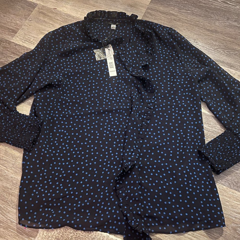 Tahari NEW NWT Size Large Women's Navy Polka Dot Blouse